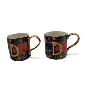 RIFLE PAPER CO Set Of 2 Monogram D Floral Mugs Gold Handles For Anthropologie